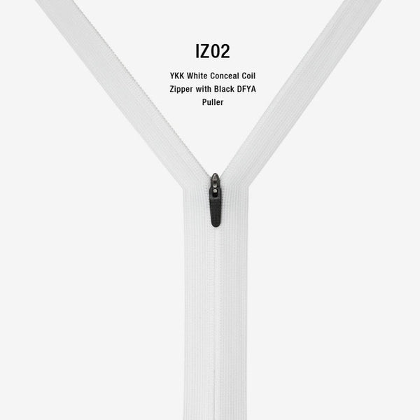 YKK White Conceal Coil Zipper with Black DFYA Puller