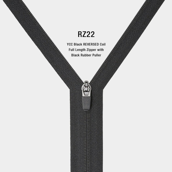YCC Black REVERSED Coil Full Length Zipper with Black Rubber Puller