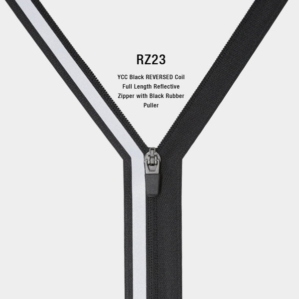 YCC Black REVERSED Coil Full Length Reflective Zipper with Black Rubber Puller