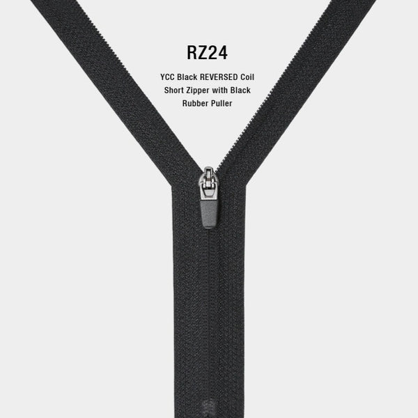 YCC Black REVERSED Coil Short Zipper with Black Rubber Puller