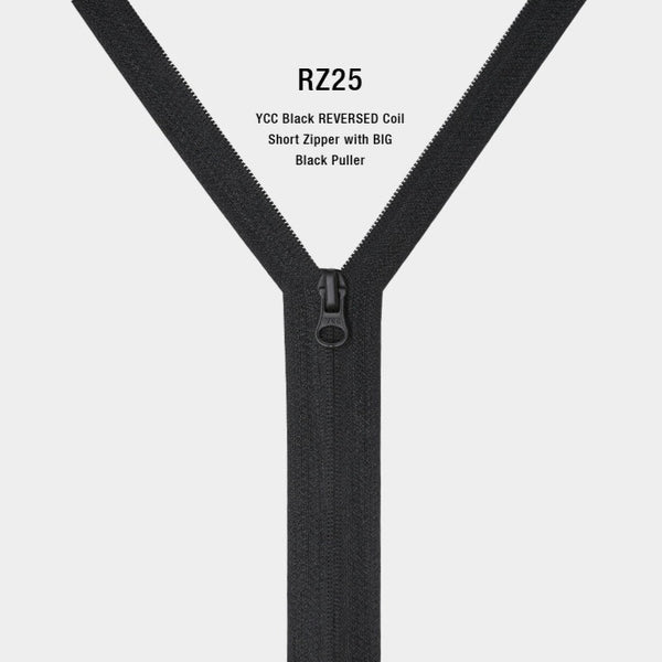 YCC Black REVERSED Coil Short Zipper with BIG Black Puller