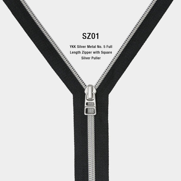 YKK Silver Metal No. 5 Full Length Zipper with Square Silver Puller