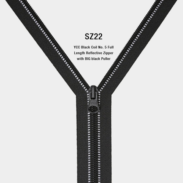 YCC Black Coil No. 5 Full Length Reflective Zipper with BIG black Puller