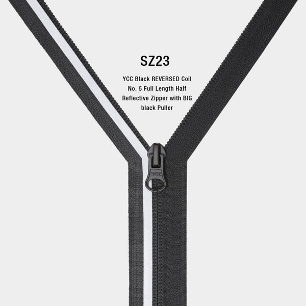 YCC Black REVERSED Coil No. 5 Full Length Half Reflective Zipper with BIG black Puller