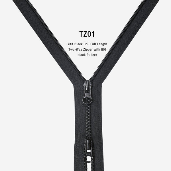 YKK Black Coil Full Length Two-Way Zipper with BIG black Pullers