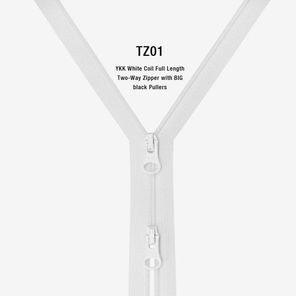YKK White Coil Full Length Two-Way Zipper with BIG black Pullers