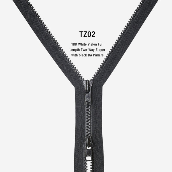 YKK White Vislon Full Length Two-Way Zipper with black DA Pullers