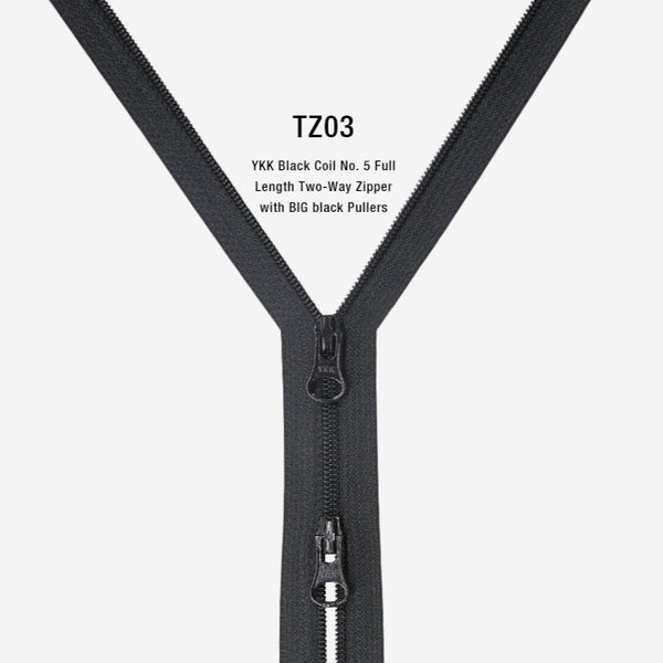 YKK Black Coil No. 5 Full Length Two-Way Zipper with BIG black Pullers