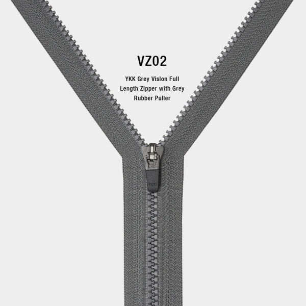 YKK Grey Vislon Full Length Zipper with Grey Rubber Puller