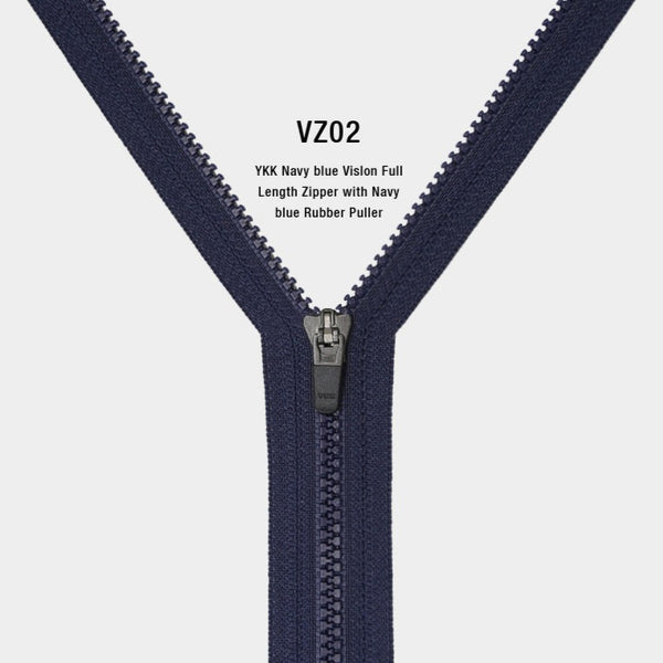 YKK Navy blue Vislon Full Length Zipper with Navy blue Rubber Puller