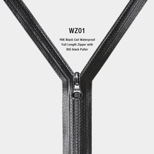 YKK Black Coil Waterproof Full Length Zipper with BIG black Puller