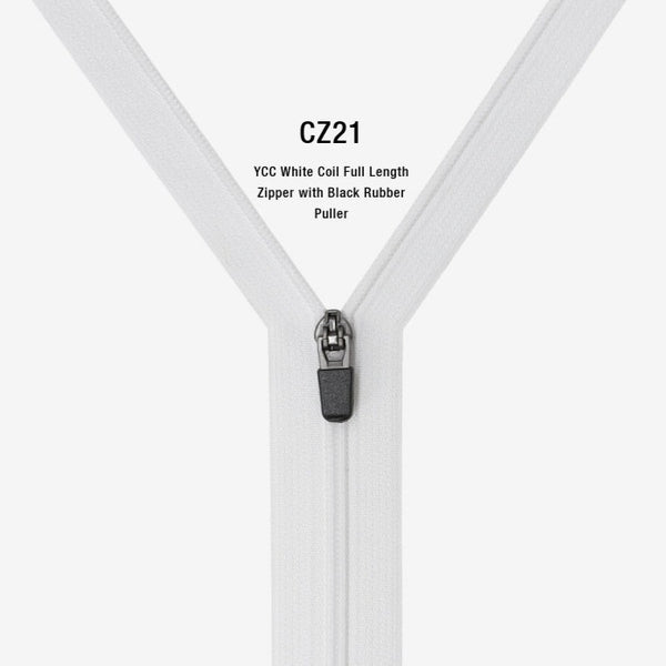 YCC White Coil Full Length Zipper with Black Rubber Puller