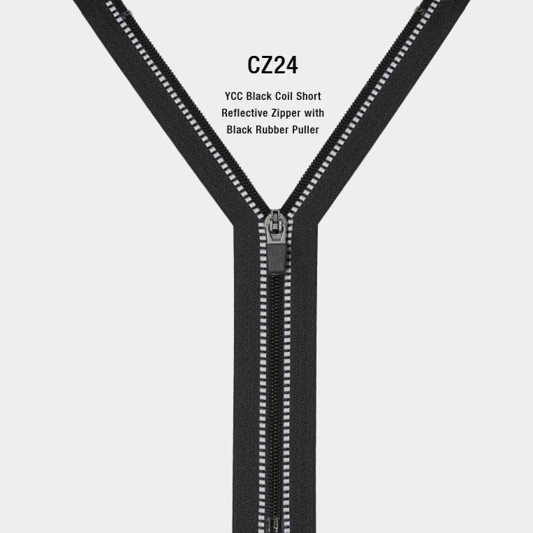 Zipper Sort YCC Black Coil Short Reflective Zipper with Black Rubber Puller ...