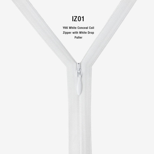YKK White Conceal Coil Zipper with White Drop Puller