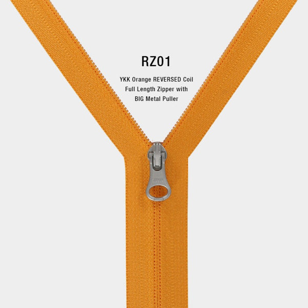 YKK Orange REVERSED Coil Full Length Zipper with BIG Metal Puller