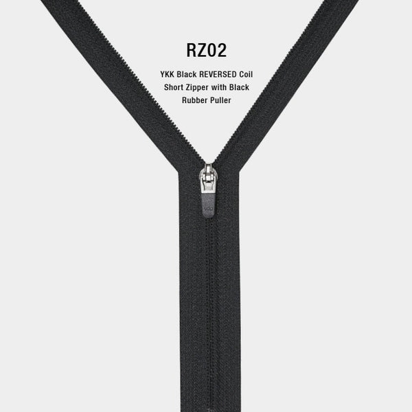 YKK Black REVERSED Coil Short Zipper with Black Rubber Puller