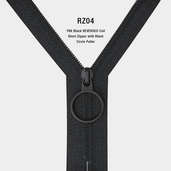 YKK Black REVERSED Coil Short Zipper with Black Circle Puller