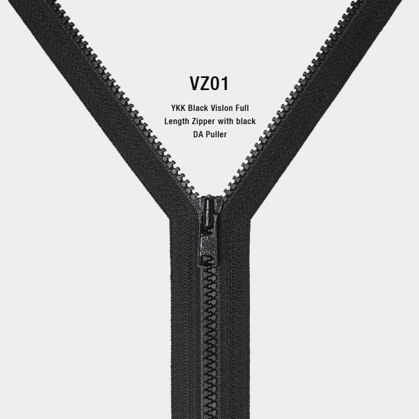 YKK Black Vislon Full Length Zipper with black DA Puller