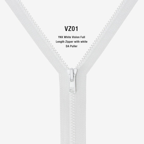 YKK White Vislon Full Length Zipper with white DA Puller